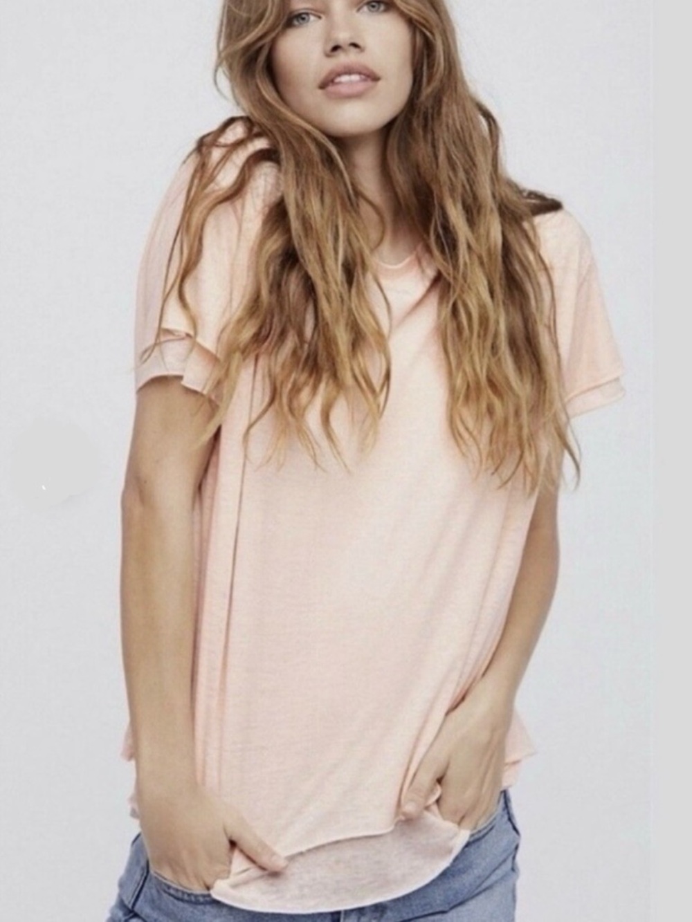 We The Free Cloud 9 Pale Pink Short Sleeve Layered Tee. Oversized. Size S